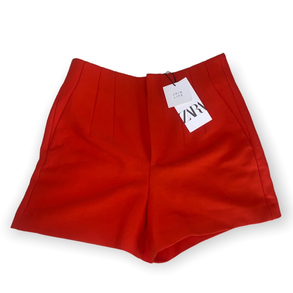 Bright Red Orange Zara Pleated High Waisted Shorts